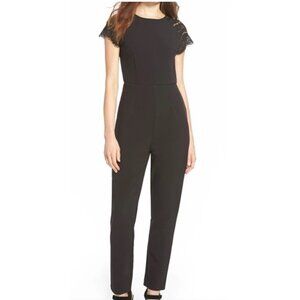 MISGUIDED Womens 8 Lace Sleeve Tapered Leg Jumpsuit Black Feminine Romantic Sexy